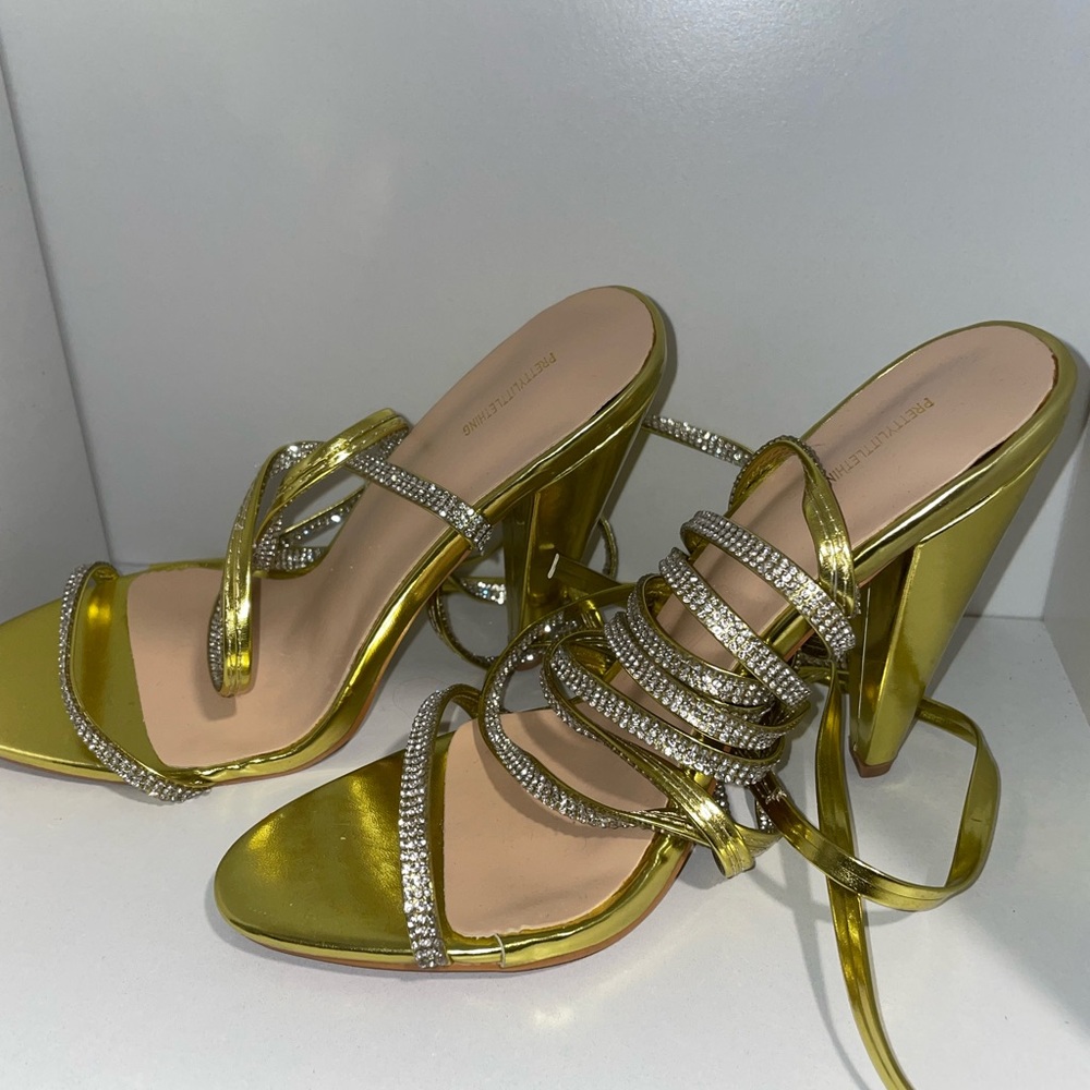 Pretty Little Thing, strappy lace up Sequin gold/green heels, never worn